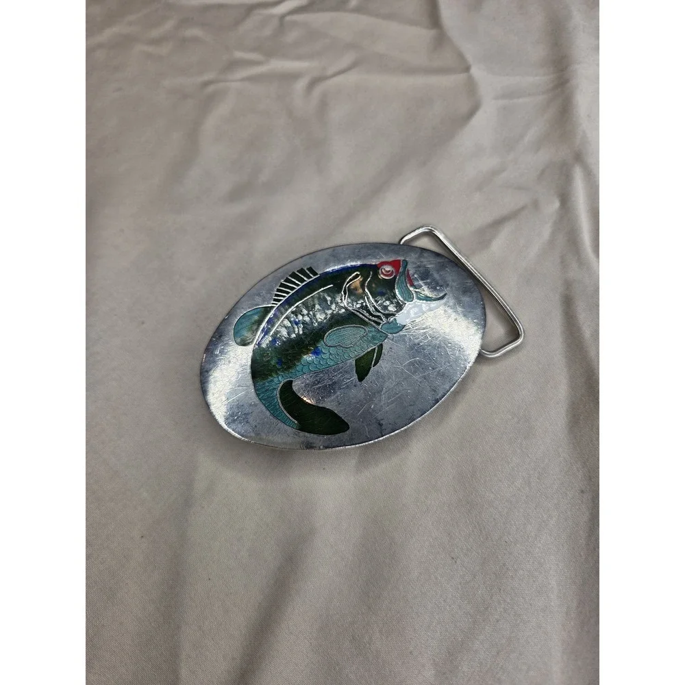 Small Oval Green and Silver Belt Buckle - Trout Fishing Sportsman Scene